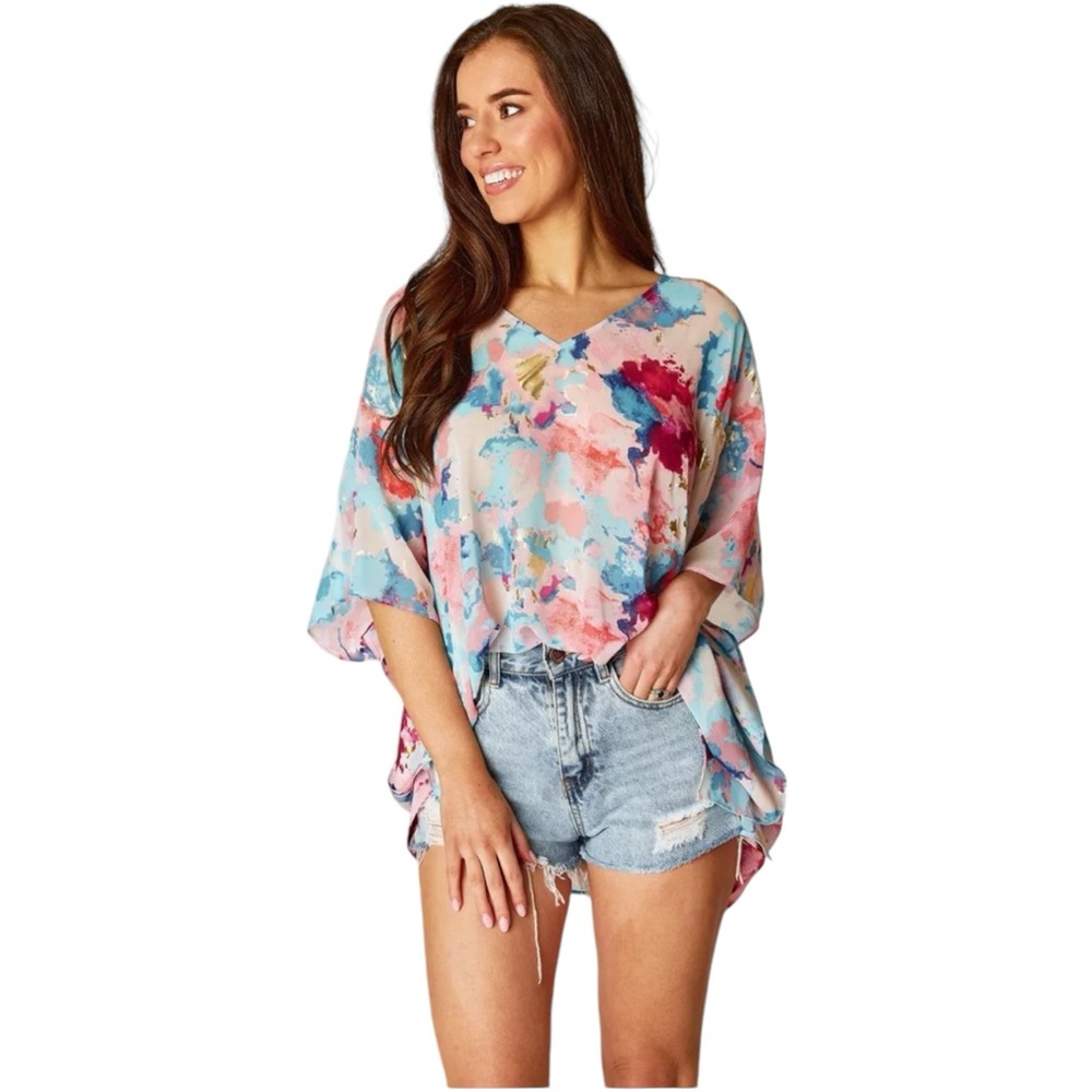 Buddy Love Women's‎ Small North Scattered Tunic Oversized Tie Dye V Neck Top